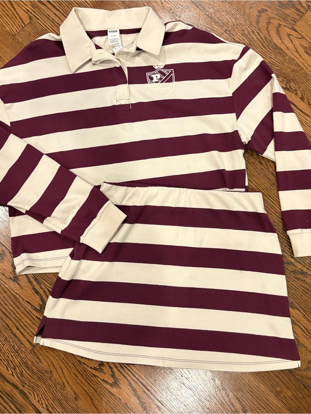 PINK Victoria's Secret Burgundy and Cream Striped Kids Pajama Set